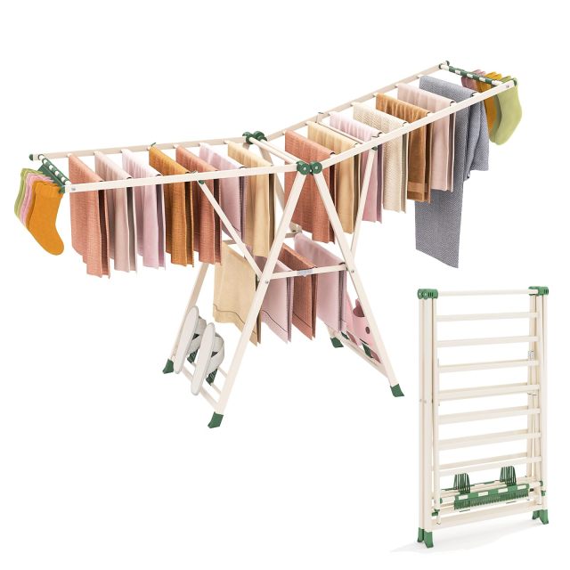Clothes Drying Rack with Adjustable Wings 16 Drying Rails 28 Sock Clips & 4 Shoe Racks (72.5"L x 22”W x 39"-66"H)