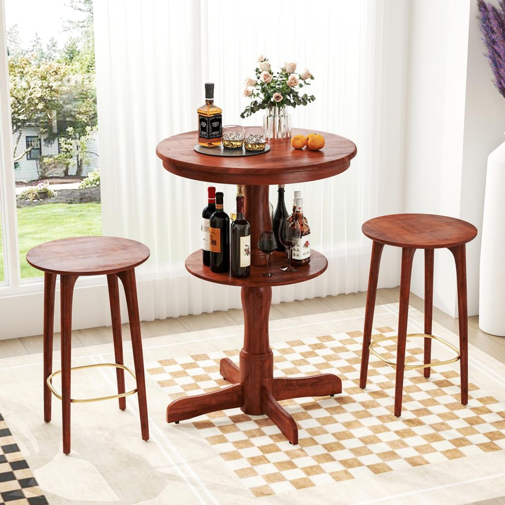 Bar Table Set  2-Tier Round High Top Table with Storage Shelf & Pedestal Base