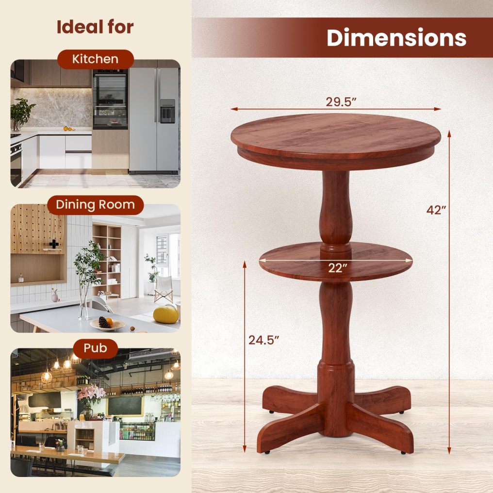 Bar Table Set  2-Tier Round High Top Table with Storage Shelf & Pedestal Base