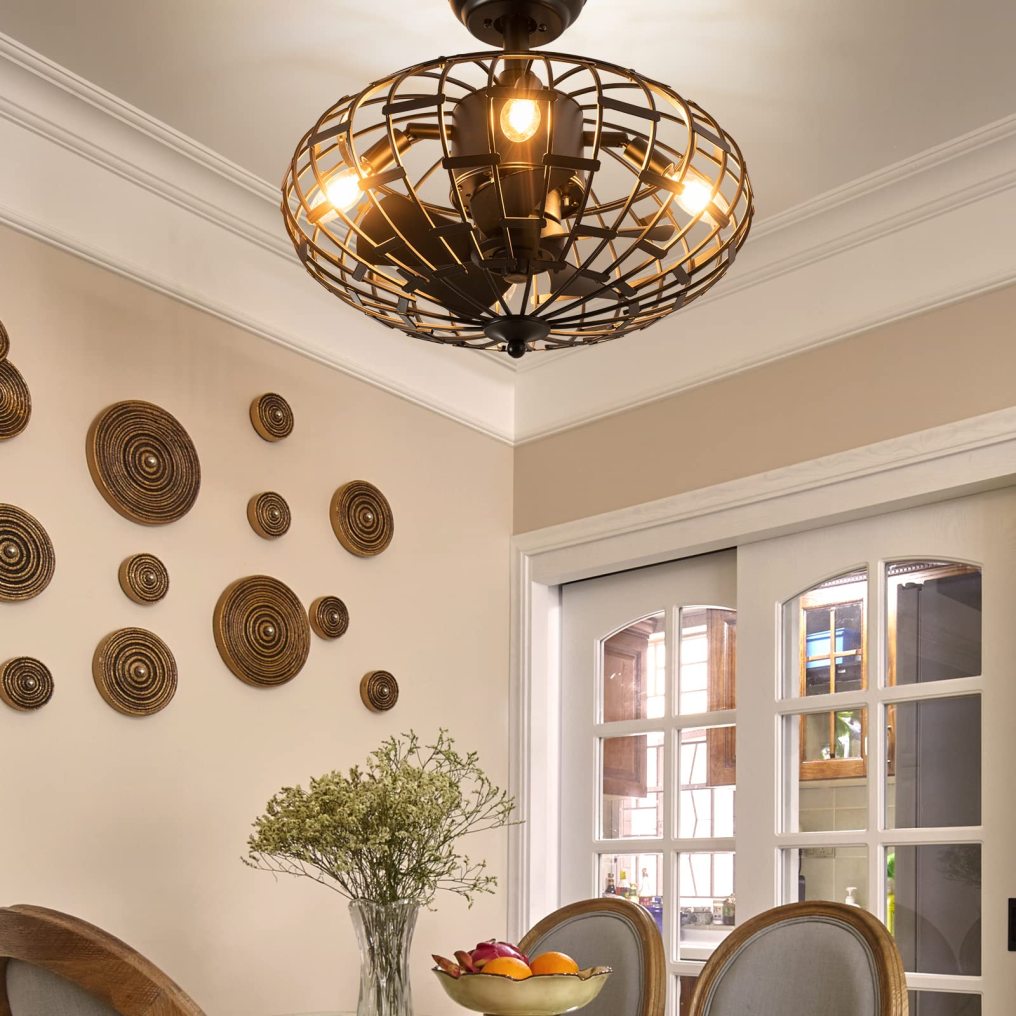 Caged Ceiling Fan with Light, Enclosed Ceiling Fan with 5 Blades, 3 Wind Speed (Black)