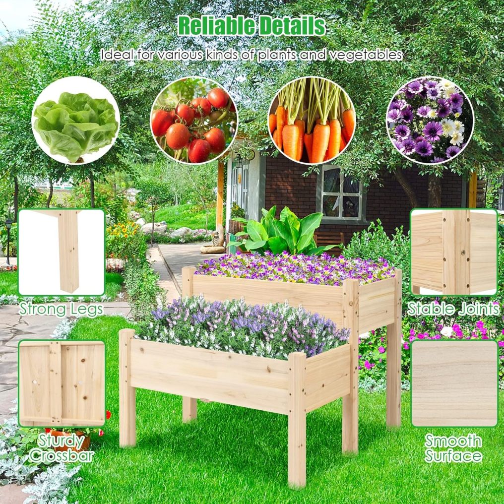 2-Tier Wooden Elevated Planter Box Stand with Legs for Vegetables Flowers Herbs