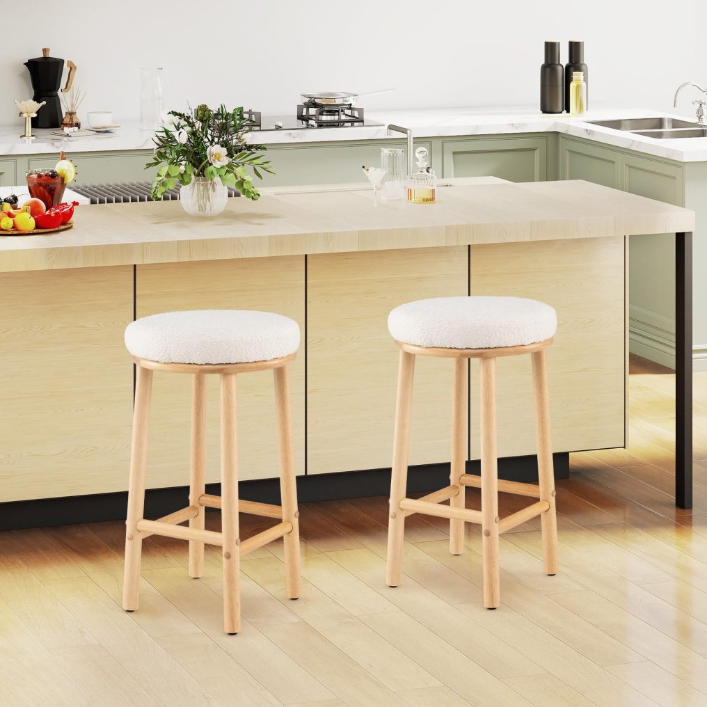 Round Upholstered Bar Stools Set of 2/4 with Boucle Fabric Seats