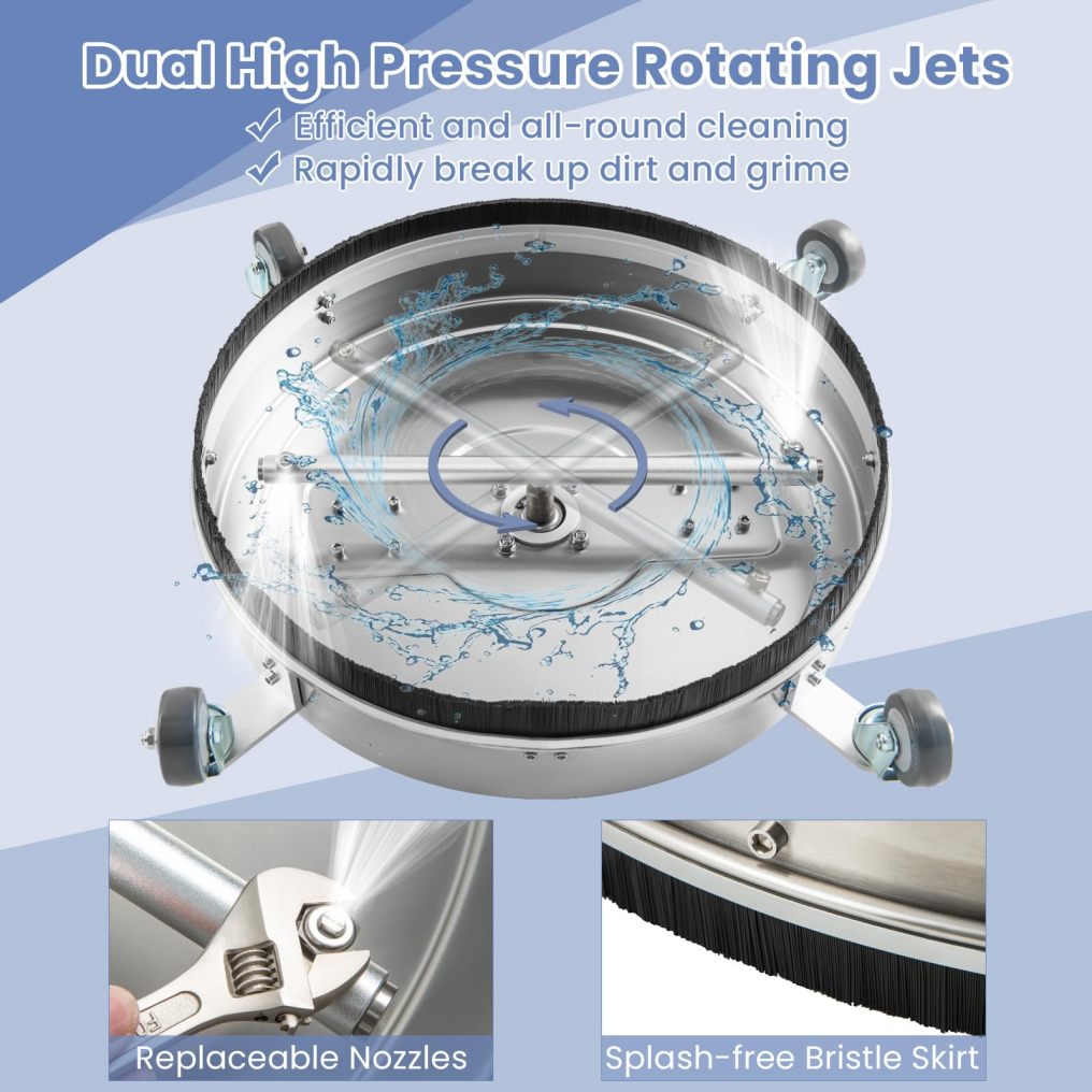 20" Pressure Washer Surface Cleaner with 4 Wheels, Dual Handle, Stainless Steel Housing