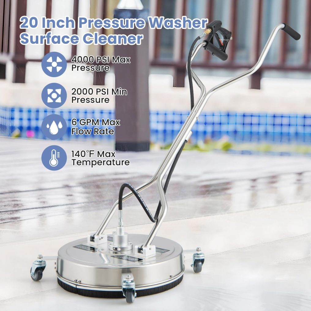 20" Pressure Washer Surface Cleaner with 4 Wheels, Dual Handle, Stainless Steel Housing