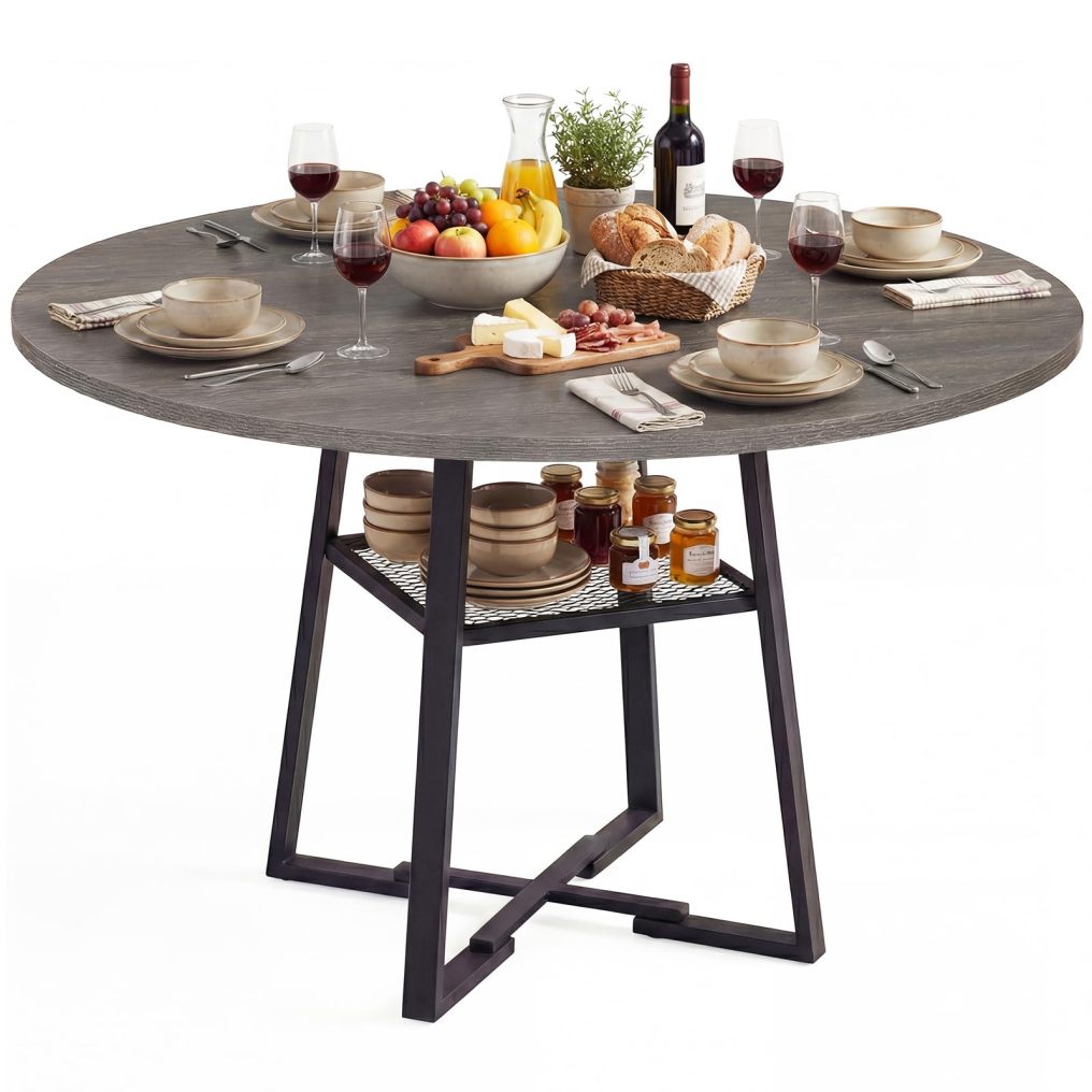 47.5" Round Dining Table for 4-6 with Storage Shelf & Metal Legs