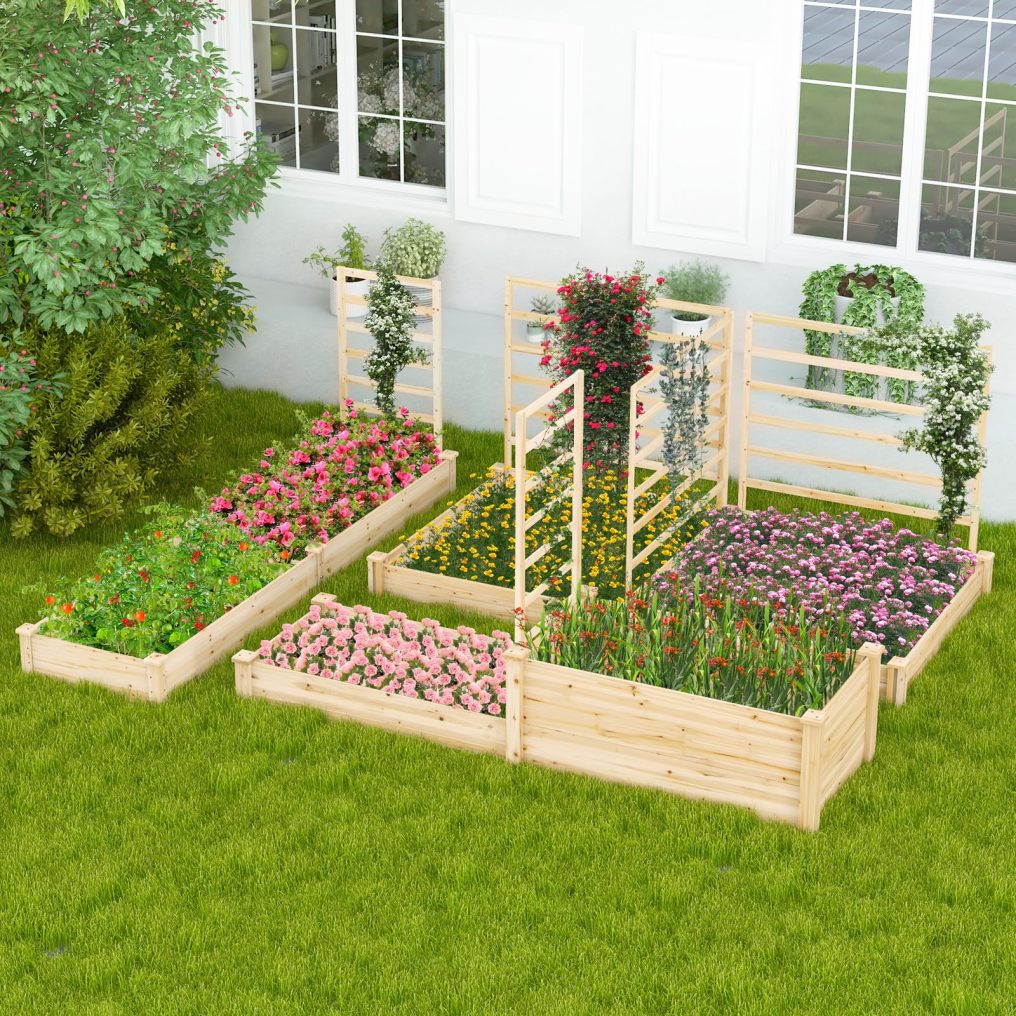 Raised Garden Bed with 2 Planter Boxes & 3 Trellises