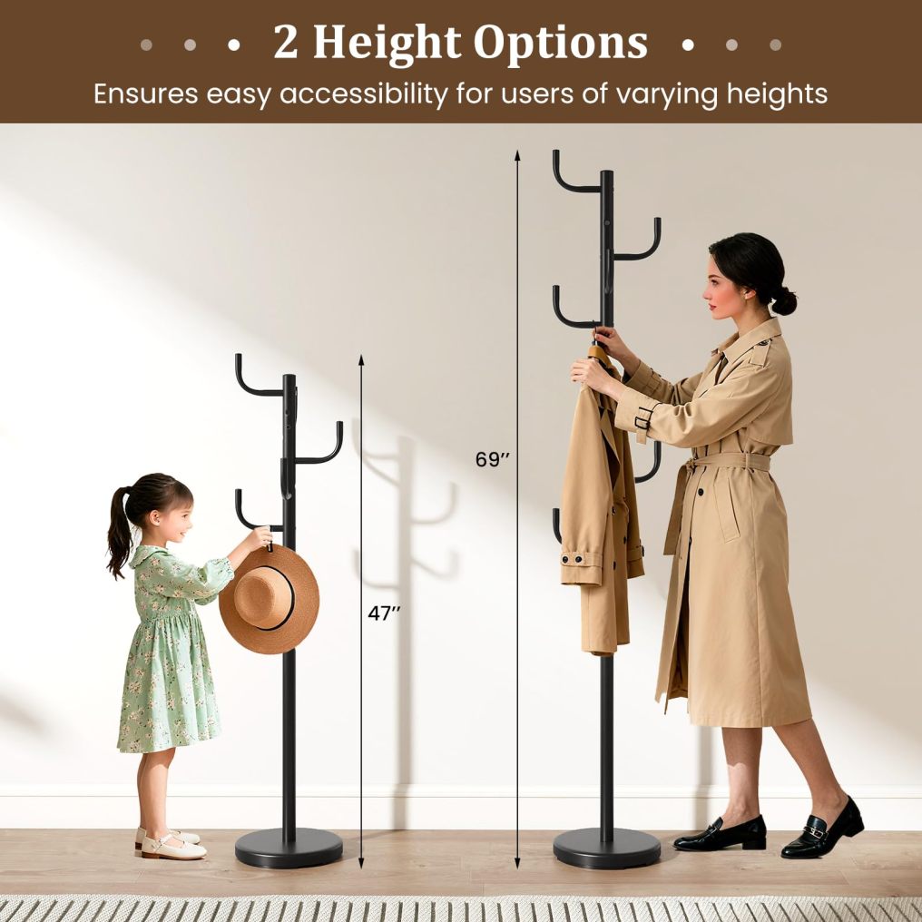 Freestanding Coat Rack | Cactus Coat Tree with 8 L-Shaped Hooks and 2 Adjustable Heights for Entryway