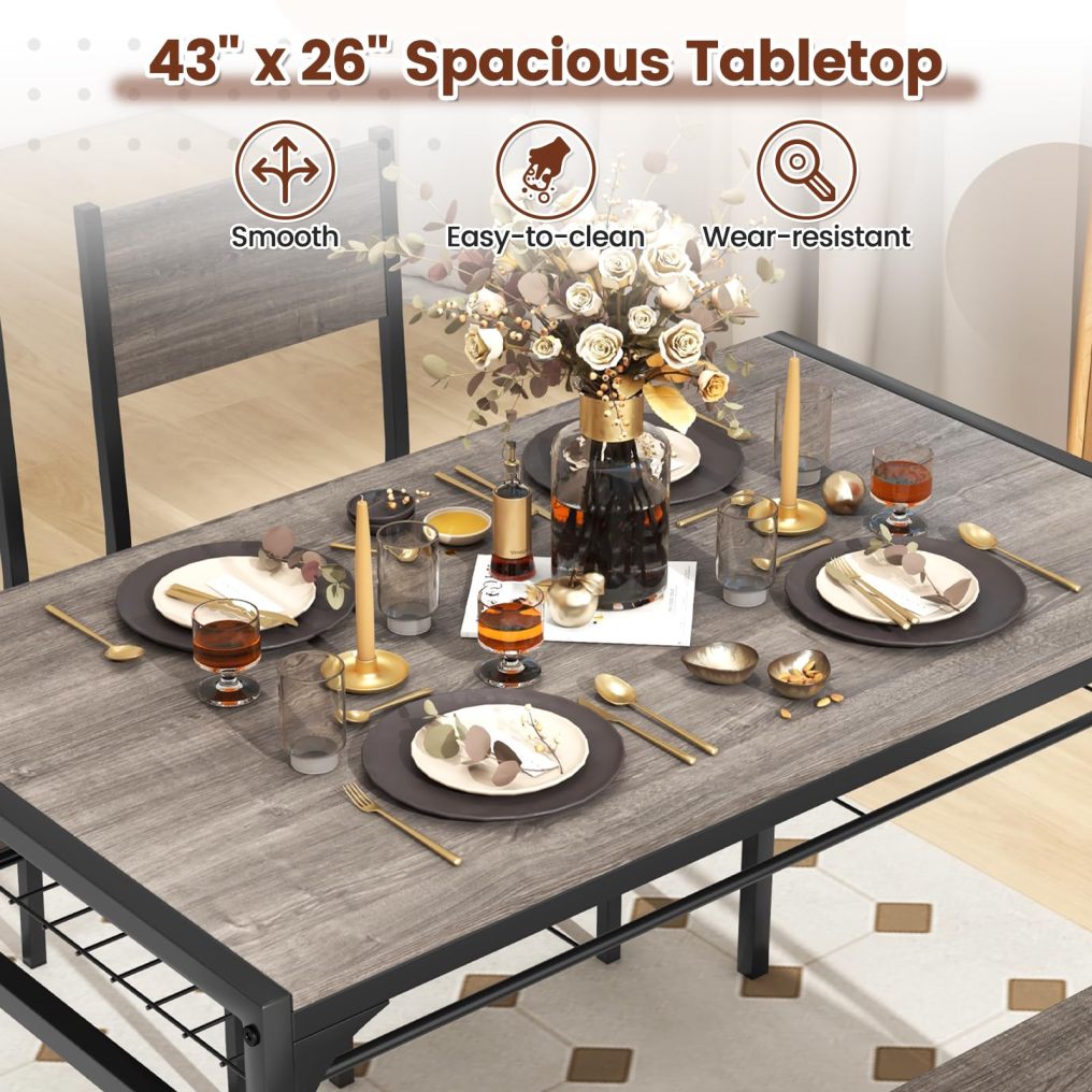 4 Pieces Dining Table Set Kitchen Table and 2 Chairs for 4 with Bench