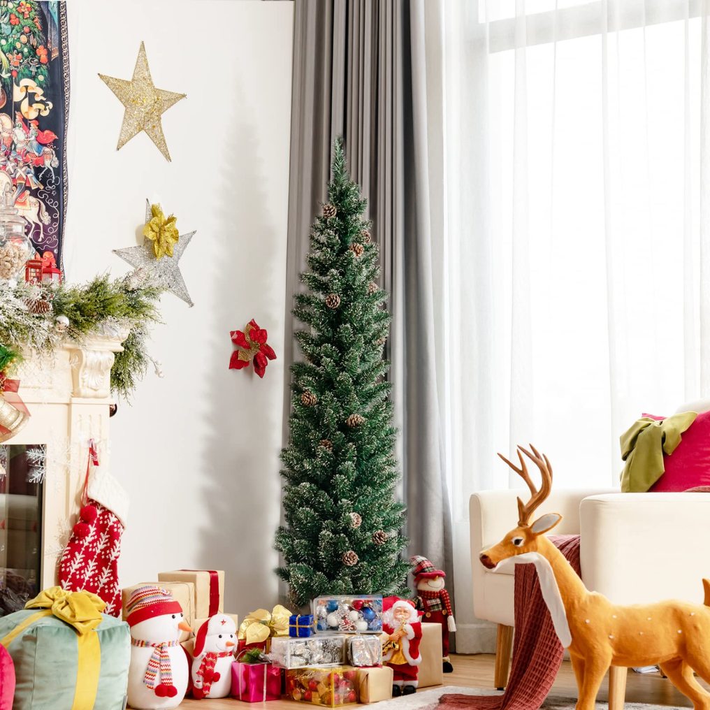 5 Ft Unlit Pencil Christmas Tree w/ 214 Snowy PVC Branch Tips