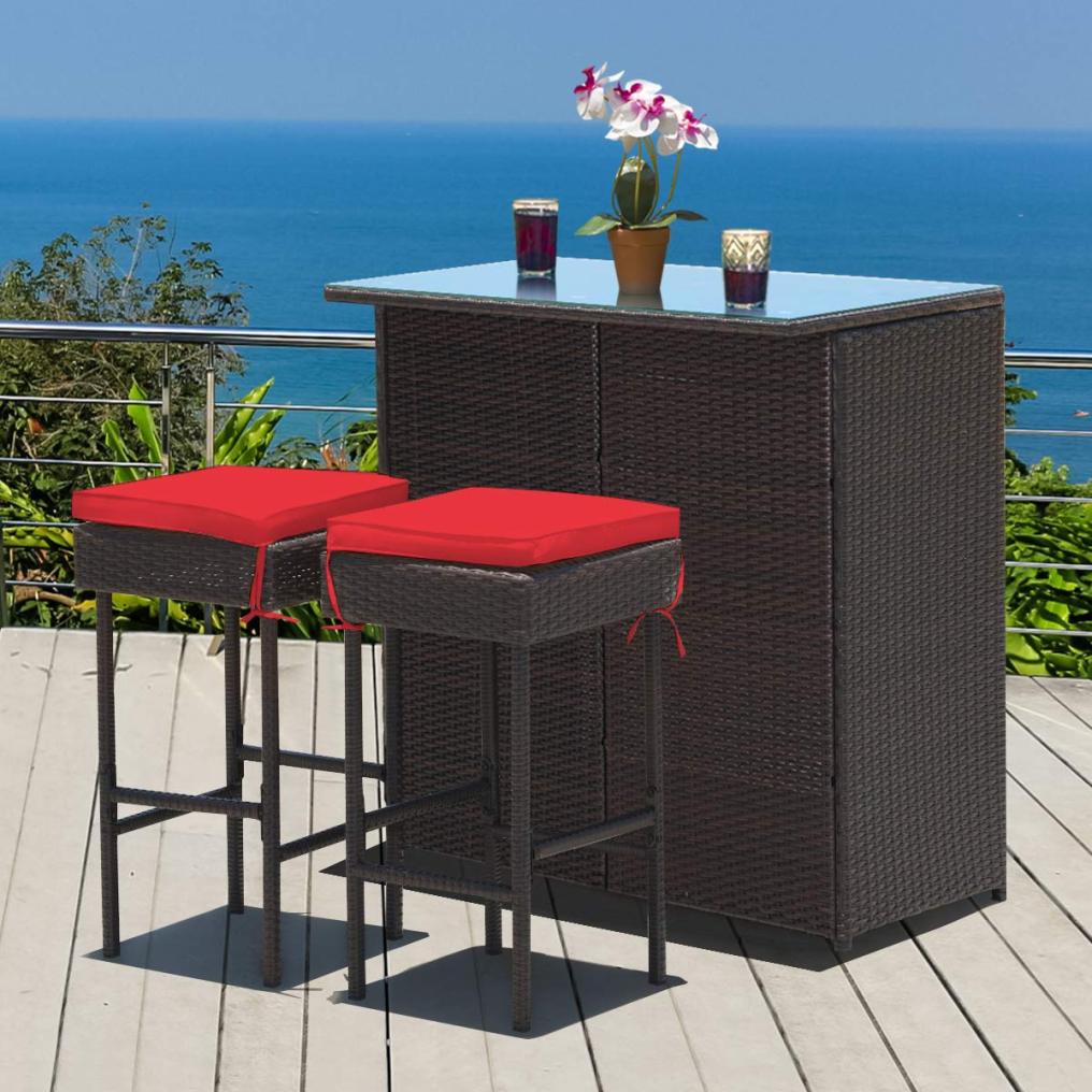 3PCS Patio Wicker Bar Table Set with Tempered Glass Top and Storage Shelf