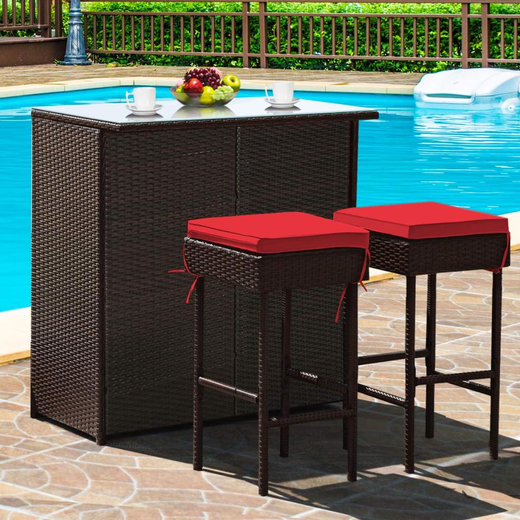 3PCS Patio Wicker Bar Table Set with Tempered Glass Top and Storage Shelf