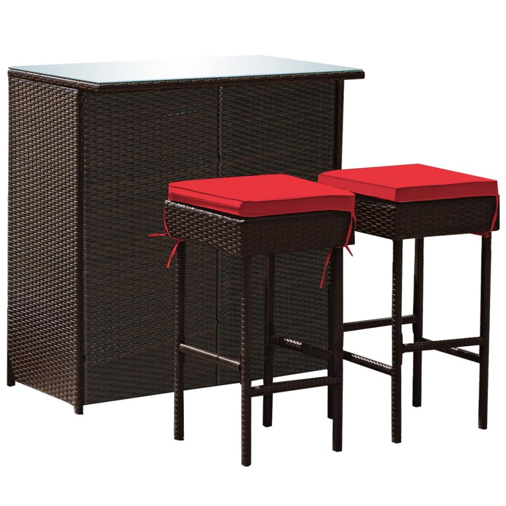 3PCS Patio Wicker Bar Table Set with Tempered Glass Top and Storage Shelf