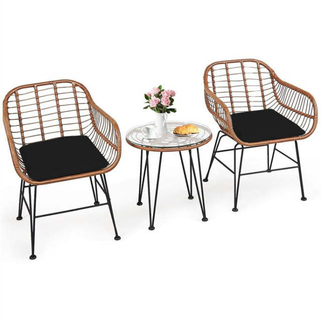 3 Pieces Patio Bistro Set Outdoor Rattan Conversation Seating Chair Set with Coffee Table & Soft Cushions