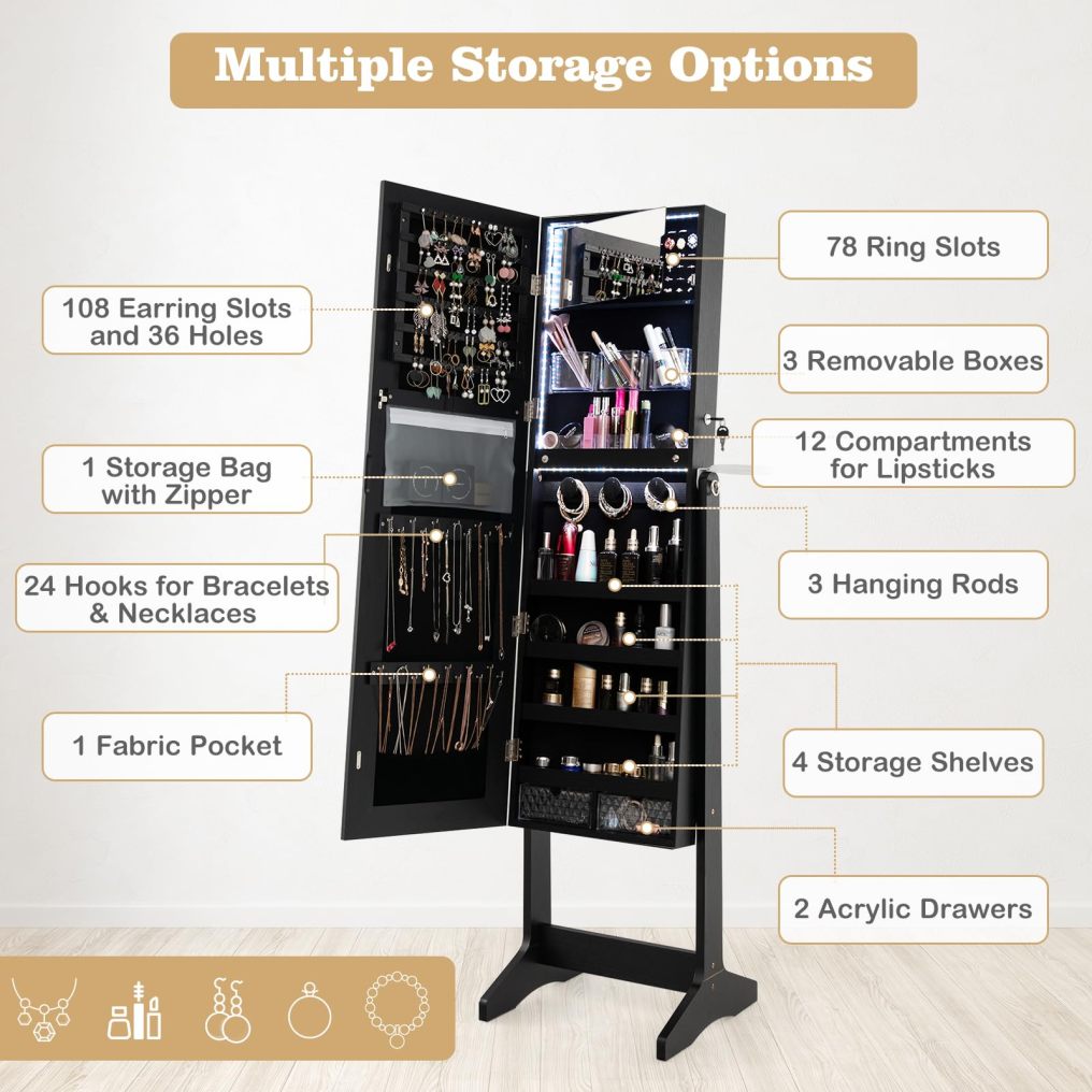 LED Mirror Jewelry Cabinet w/Hairdryer Holder for Living Room