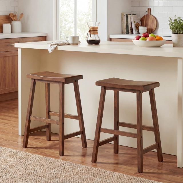Solid Wood Saddle Stools 24-inch Height Backless Counter Chairs(2/4)