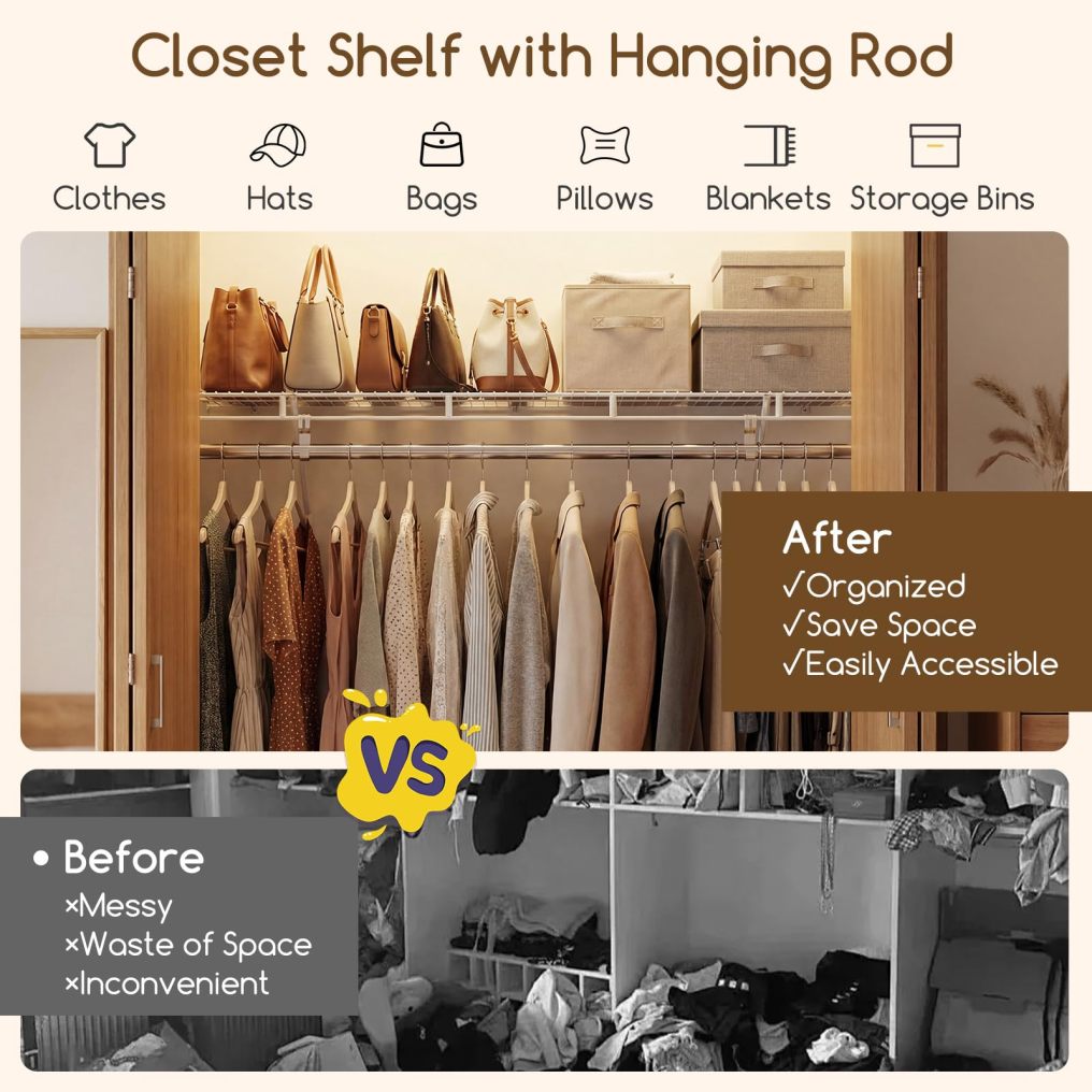 Closet Shelves Wall Mounted Closet Shelf with Hanging Rod (1/2/3/4)