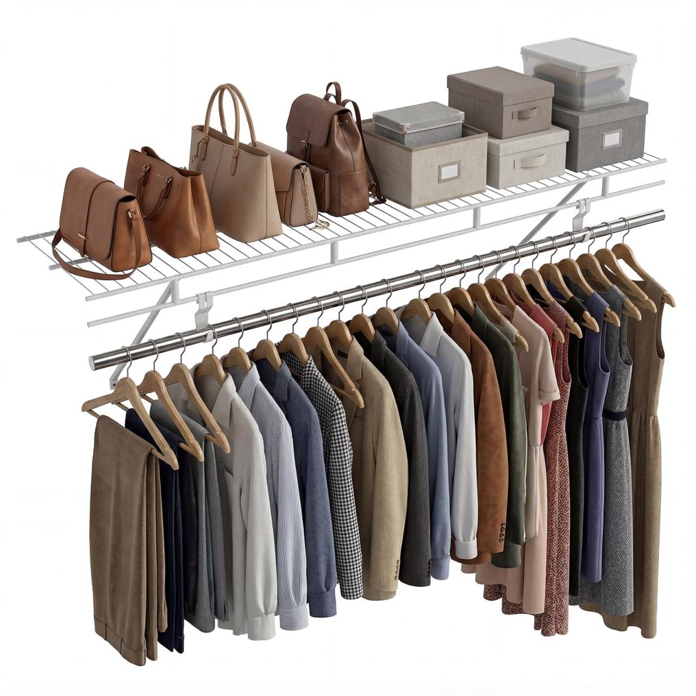 Closet Shelves Wall Mounted Closet Shelf with Hanging Rod (1/2/3/4)