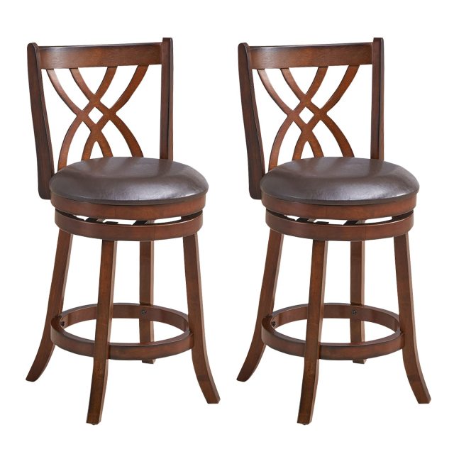 360° Swivel Chairs Bar Stools with Rubber Wood Frame PU Leather Cushioned Seat and Footrests