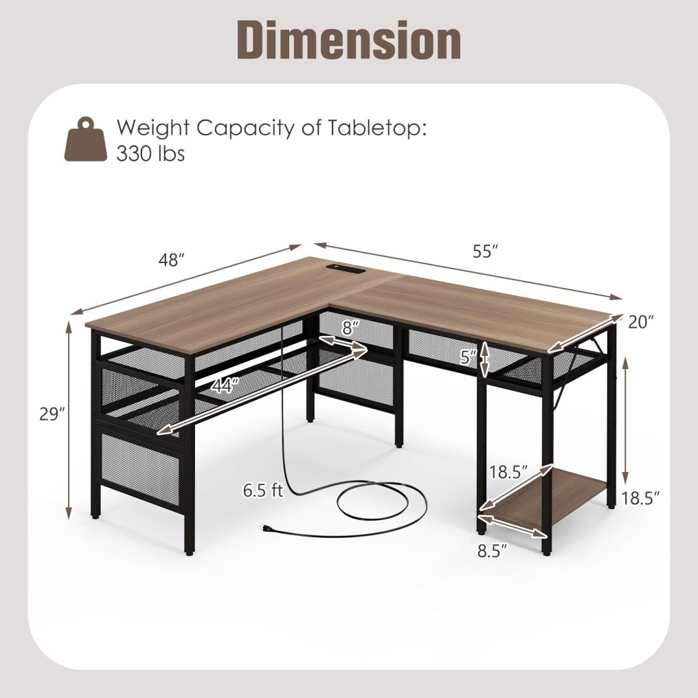 L Shaped Desk with Charging Station 55” Reversible Corner Computer Desk with Mesh Storage Shelves
