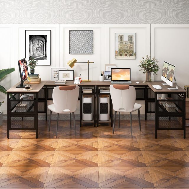 L Shaped Desk with Charging Station 55” Reversible Corner Computer Desk with Mesh Storage Shelves