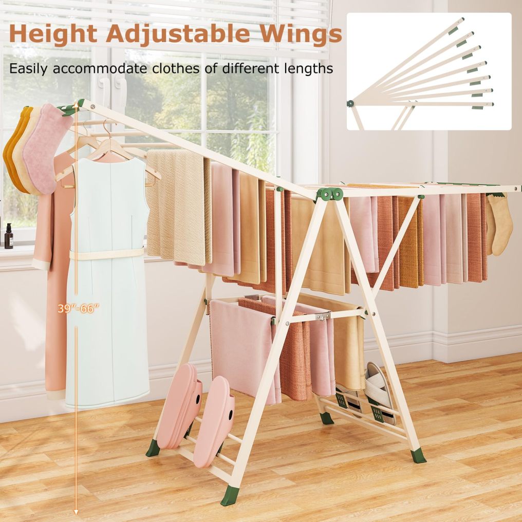 Clothes Drying Rack with Adjustable Wings 16 Drying Rails 28 Sock Clips & 4 Shoe Racks (72.5"L x 22”W x 39"-66"H)
