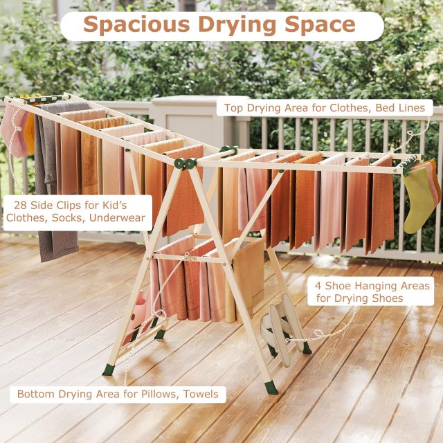 Clothes Drying Rack with Adjustable Wings 16 Drying Rails 28 Sock Clips & 4 Shoe Racks (72.5"L x 22”W x 39"-66"H)