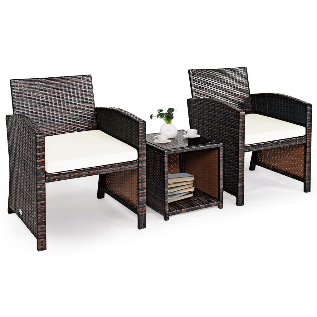 3 Pieces Patio Furniture Sets with Tempered Glass Tabletop and Soft Cushion for Backyard