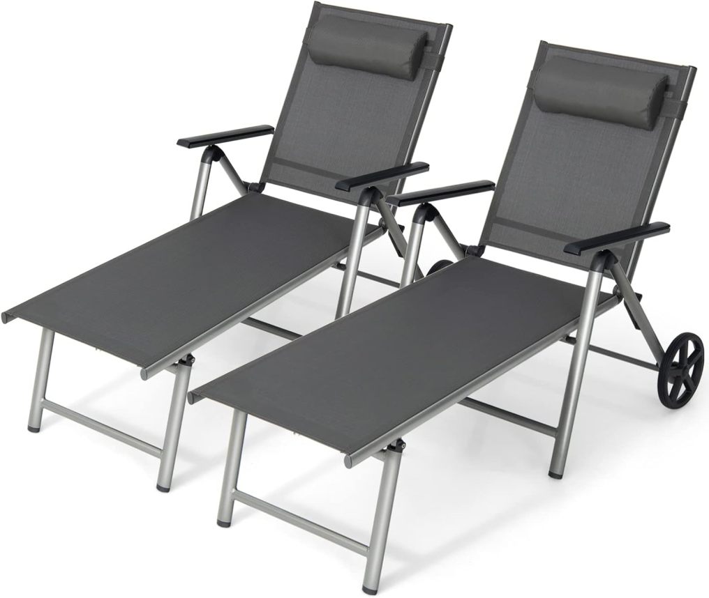Patio Folding Chaise Lounge Chair Aluminum Recliner Back Adjust Wheels