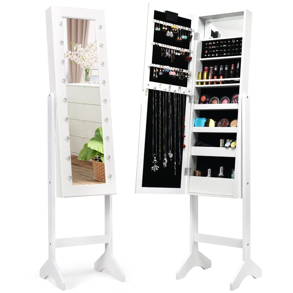 Jewelry Armoire with 18 LED Lights Standing Jewelry Organizer
