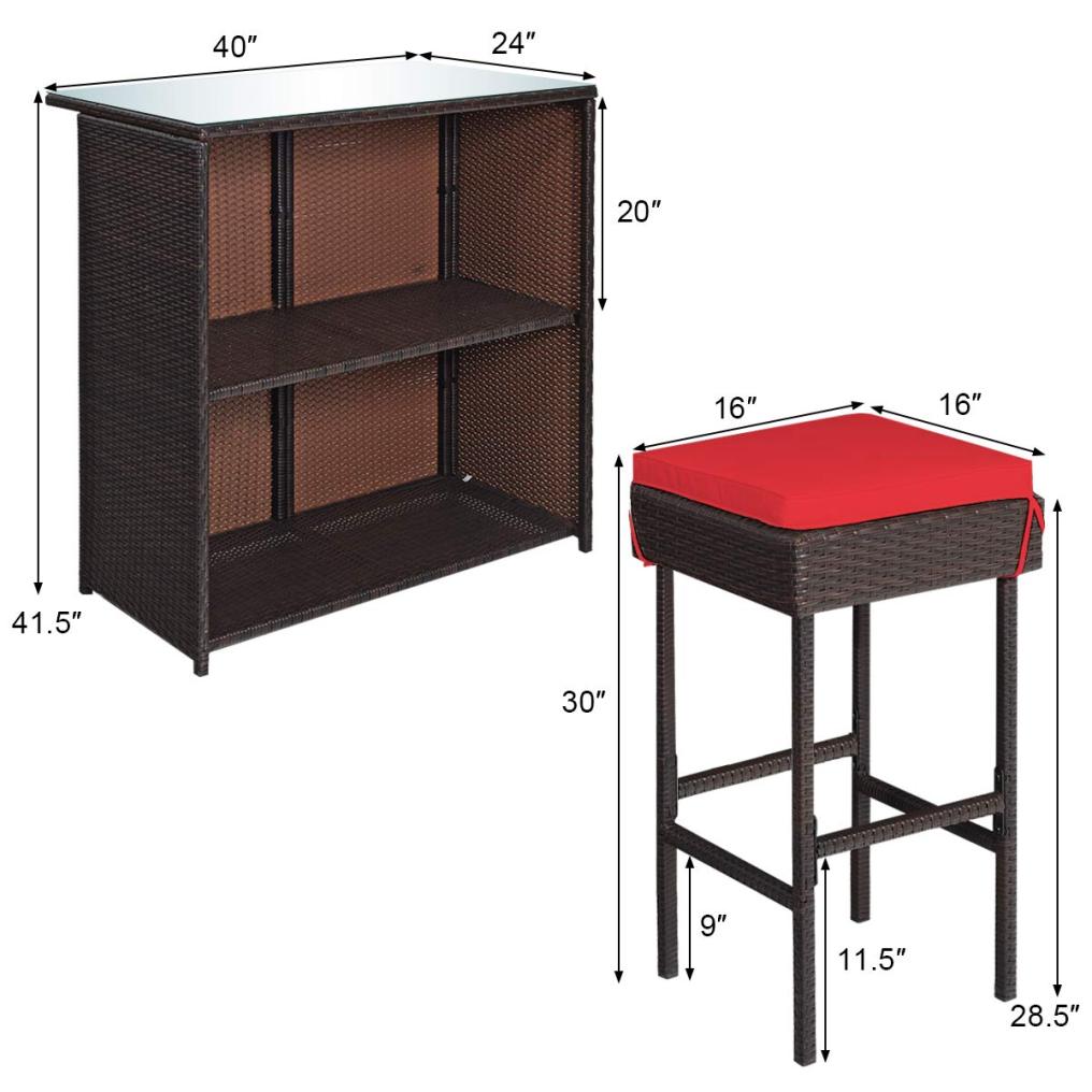 3PCS Patio Wicker Bar Table Set with Tempered Glass Top and Storage Shelf