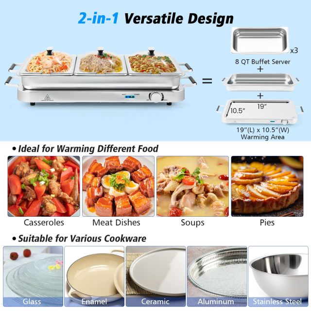 ARLIME Food Warmer Buffet Server, 450W Stainless Steel Electric Warming Tray