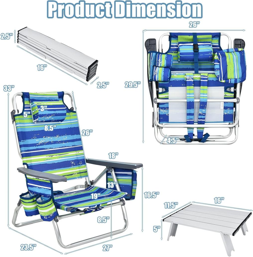 Backpack Beach Chairs Set 3-Piece Portable Camping Chairs with Cup Holder