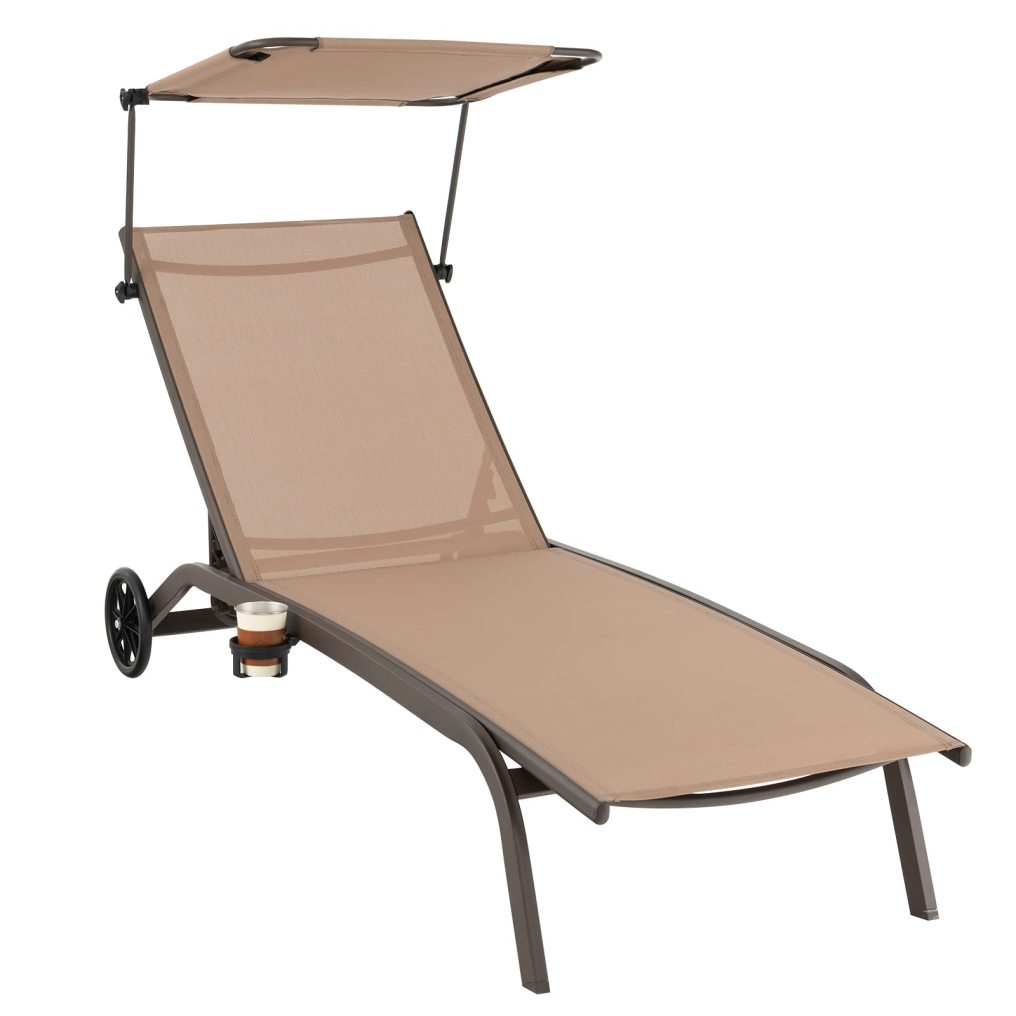 Patio Chaise Lounge Chair Heavy Duty Lounger Canopy Cup Holder Wheeled 6 Level