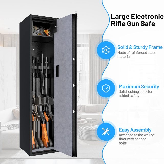 Large Rifle Safe 5-Gun Metal Security Storage Cabinet with Handgun Lockbox