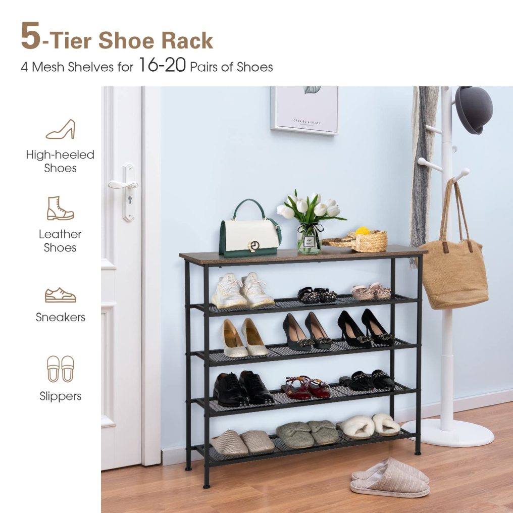 5-Tier Free Standing Shoe Storage Organizer with Wooden Top 4 Metal Mesh Shelves for 16-20 Pairs Shoes