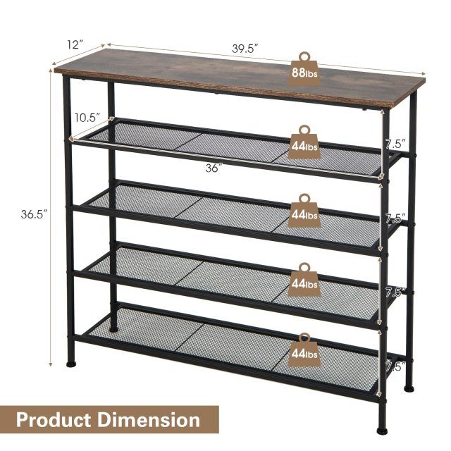 5-Tier Free Standing Shoe Storage Organizer with Wooden Top 4 Metal Mesh Shelves for 16-20 Pairs Shoes