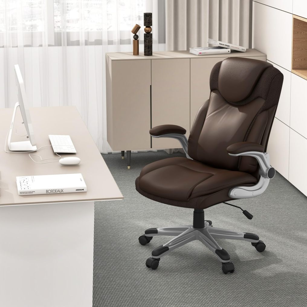Executive Office Chair Ergonomic PU Leather Computer Desk Chair w/Flip-up Armrests