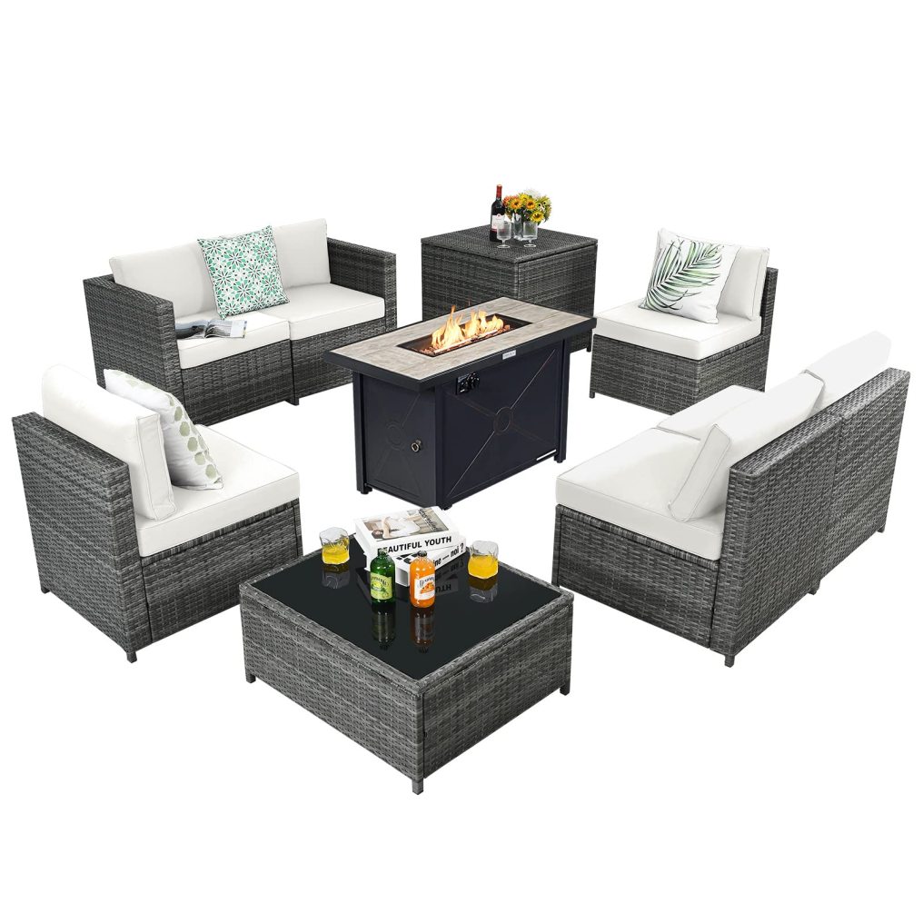 9 Piece Patio Furniture Set with 42'' Fire Pit Table for Poolside Backyard