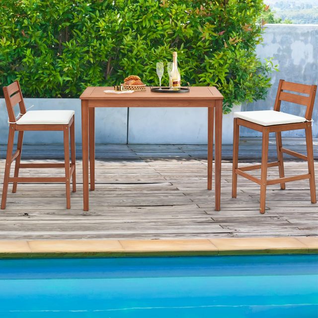 3/5 Piece Outdoor Bar Set Patio Eucalyptus Wood Bar Height Table & Barstools