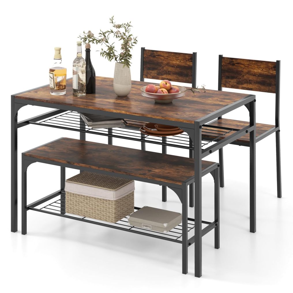 4 Pieces Dining Table Set Kitchen Table and 2 Chairs for 4 with Bench