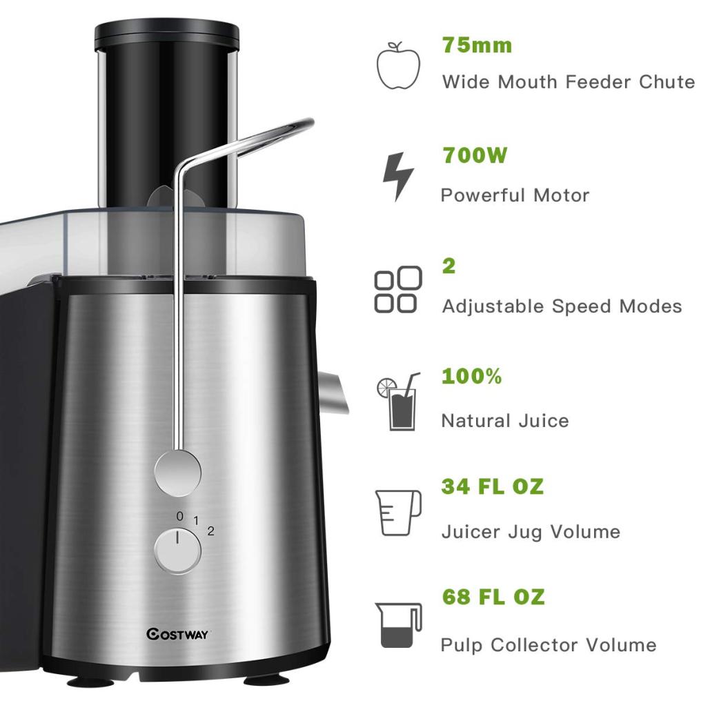 Juice Extractor, 75MM Wide Mouth Stainless Steel Juicer Machines, 2-Speed Setting High Speed Masticating Juicer Machine