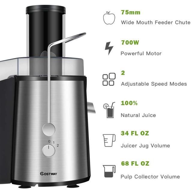 Juice Extractor, 75MM Wide Mouth Stainless Steel Juicer Machines, 2-Speed Setting High Speed Masticating Juicer Machine