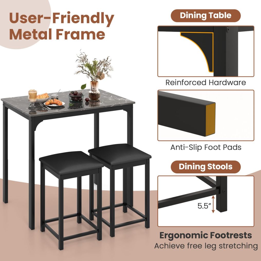 3-Piece Dining Table Set for 2 Bar Table with Counter Height Faux Marble Tabletop