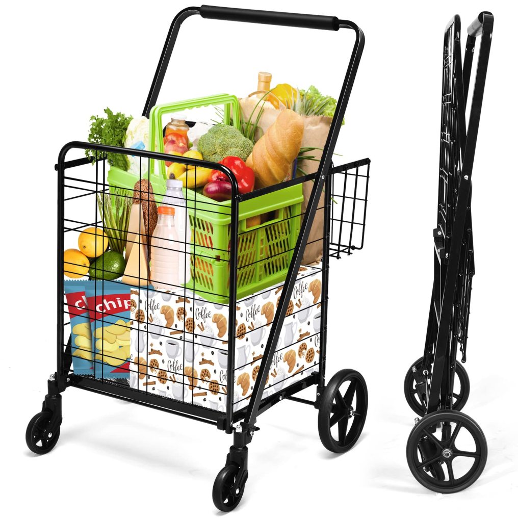 Folding Shopping Cart Extra Jumbo Double Basket Grocery Cart with 360° Swivel Rolling Bearing Wheels