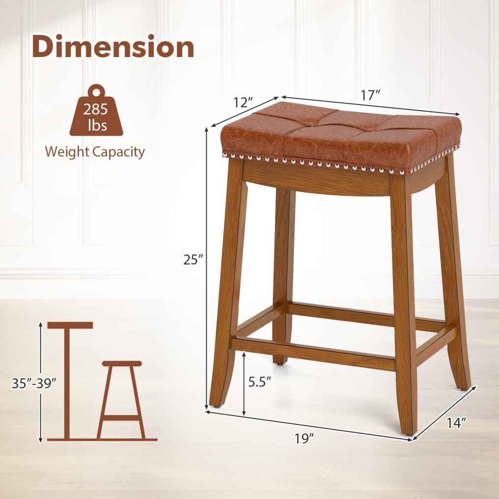 Saddle Bar Stools 25-Inch Counter Height Barstools w/PU Leather Seat