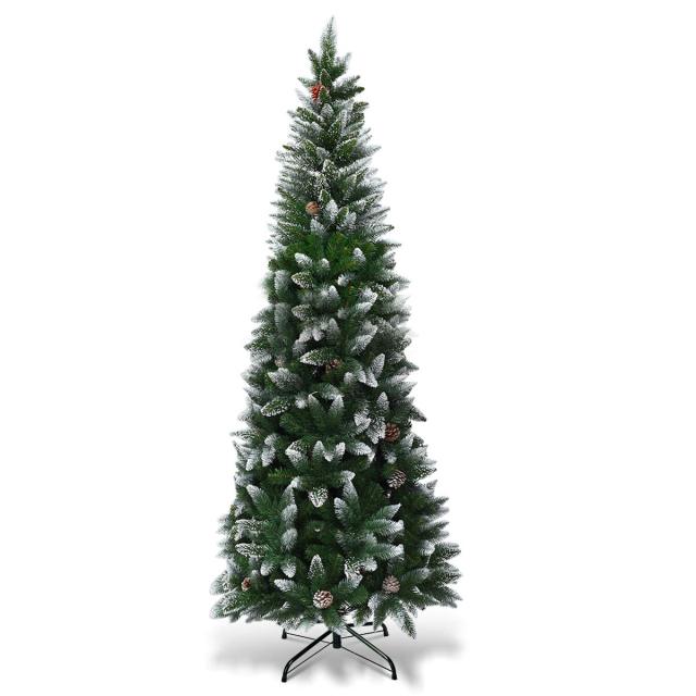 7.5FT Artificial Snow Flocked Pencil Christmas Tree Slim X-mas Tree with 720 Branch Tips