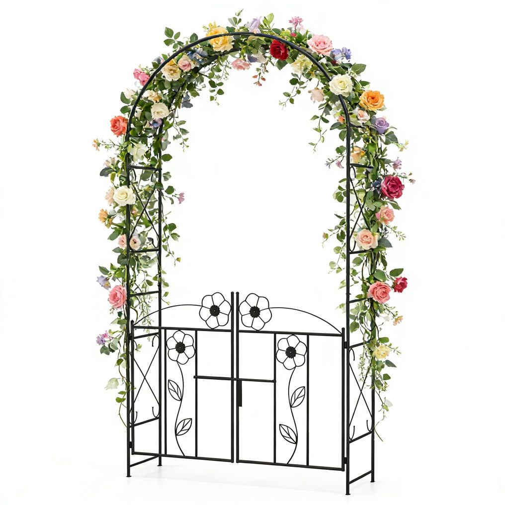 2-in-1 Garden Arch with Lockable Gate | 90” Metal Arch Trellis for Climbing Plants