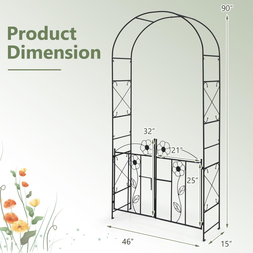 2-in-1 Garden Arch with Lockable Gate | 90” Metal Arch Trellis for Climbing Plants