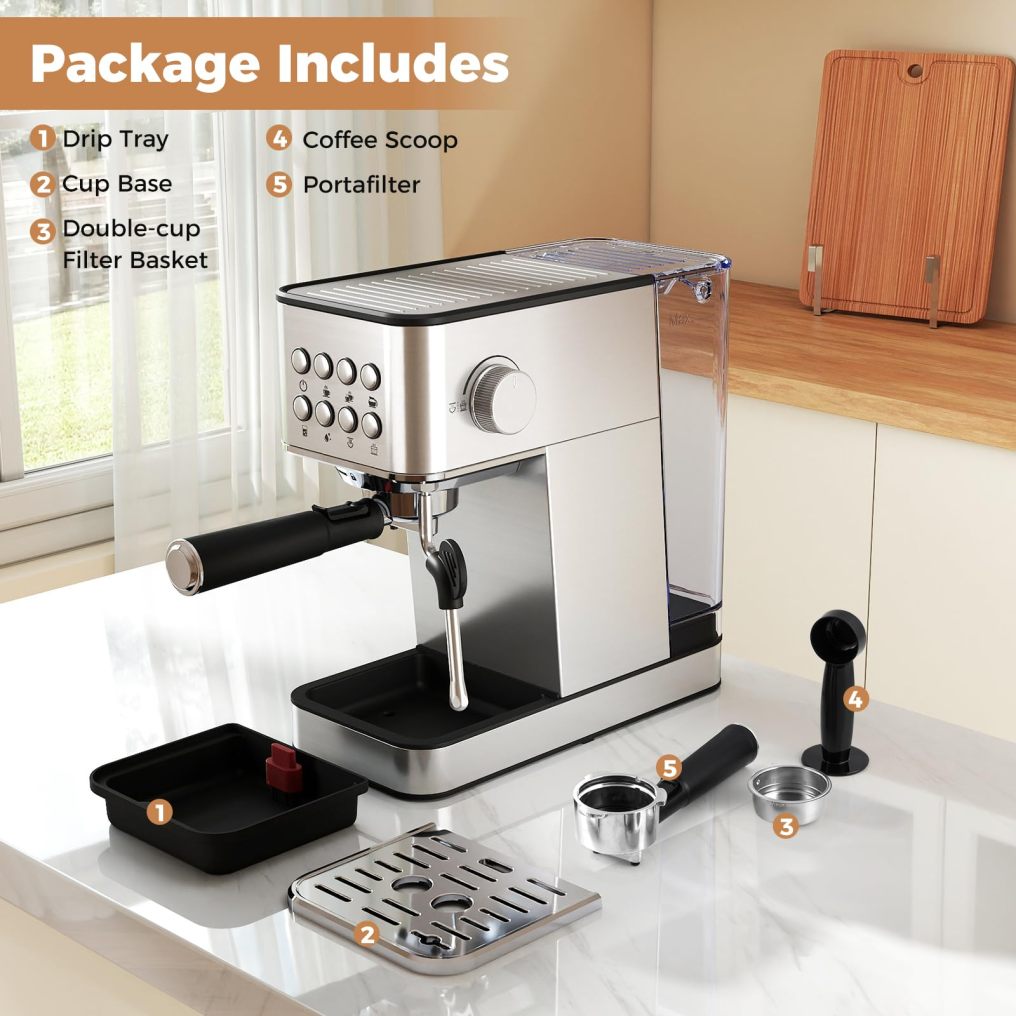 Espresso Machine 20 Bar Compact Stainless Steel Coffee Maker