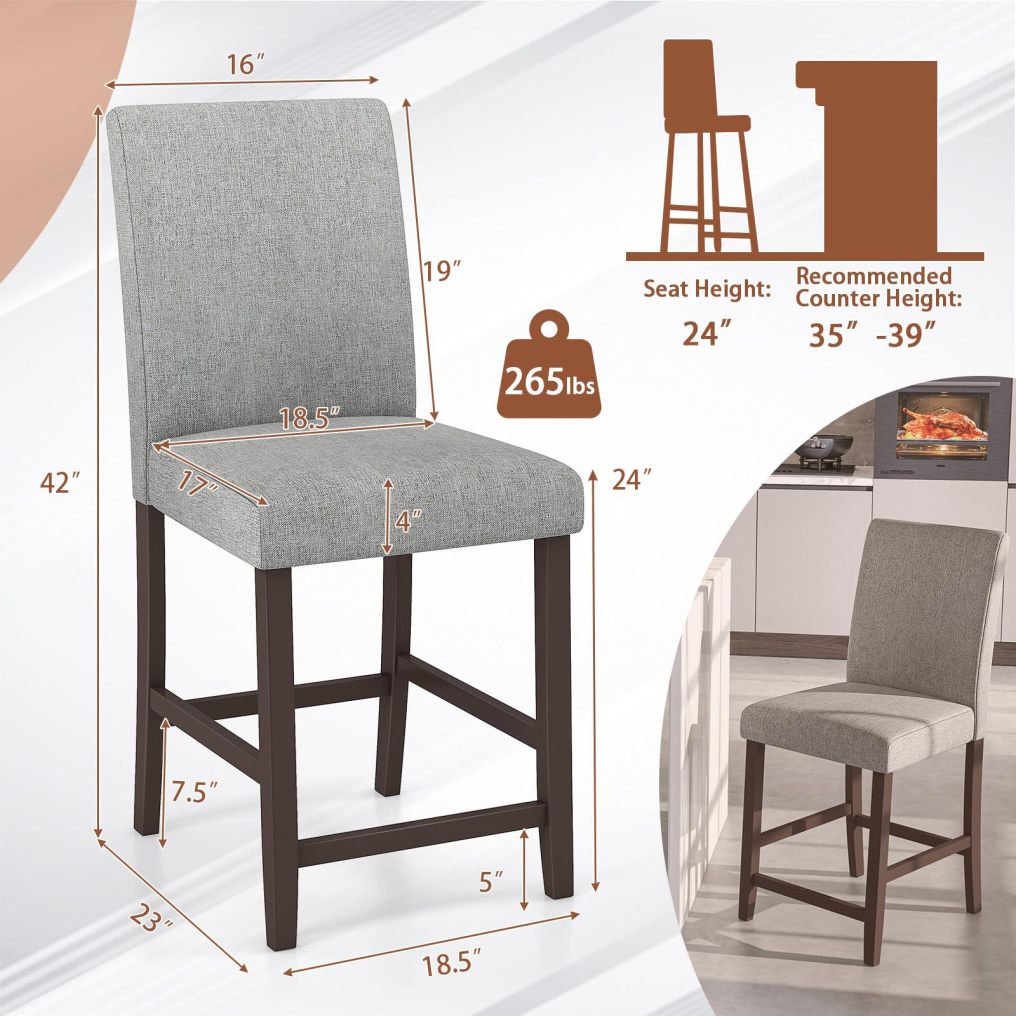 Bar Stools Set of 2/4 Counter Height Bar Stools with Rubber Wood Legs & Ergonomic Back